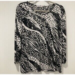 Allison Daley Zebra Animal Print Top Black & White Metallic Detail Size XL